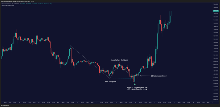 TradingView chart showcasing 2B reversal in downtrend (COINBASE:BTCUSD)