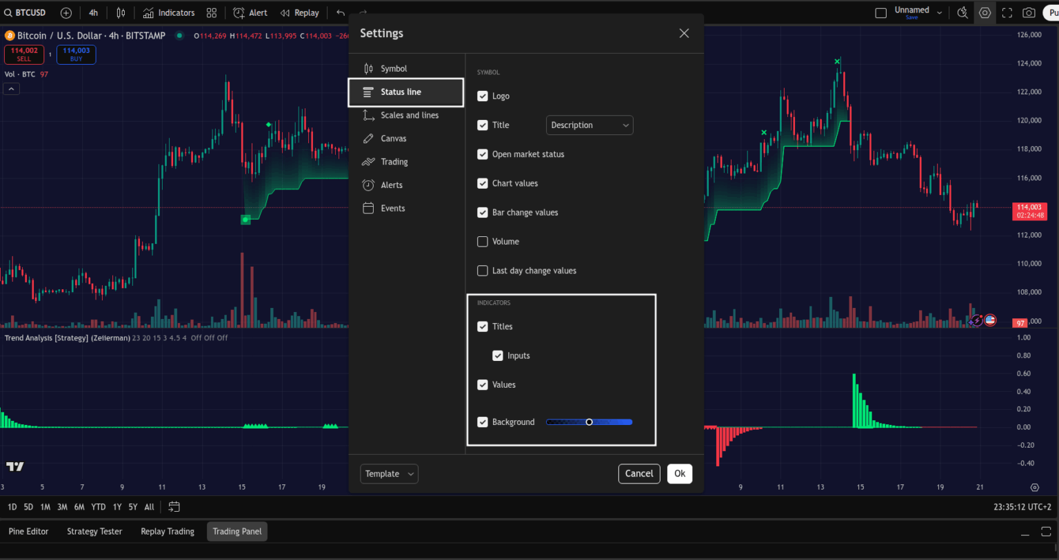 TradingView Status Line Settings