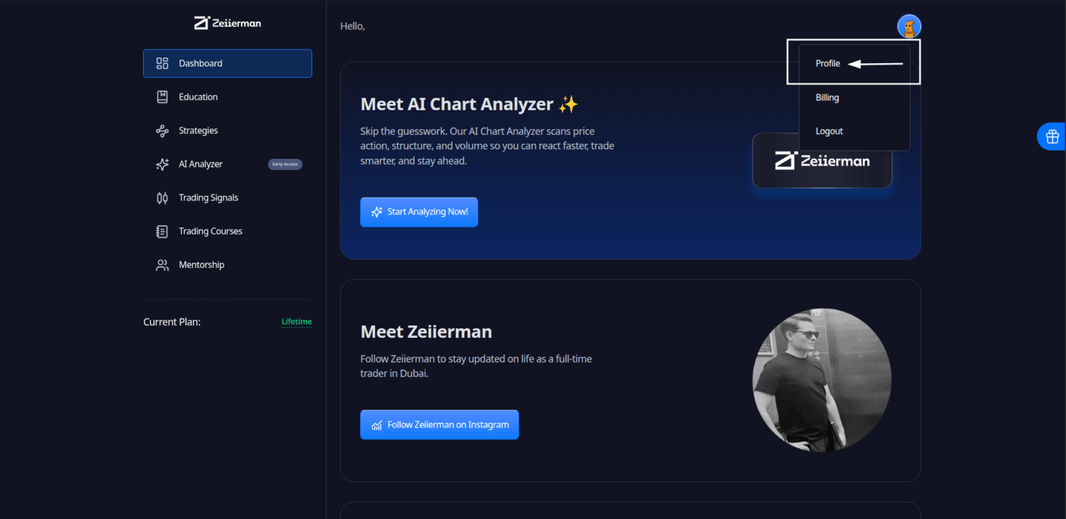 Zeiierman Dashboard Profile Settings Button