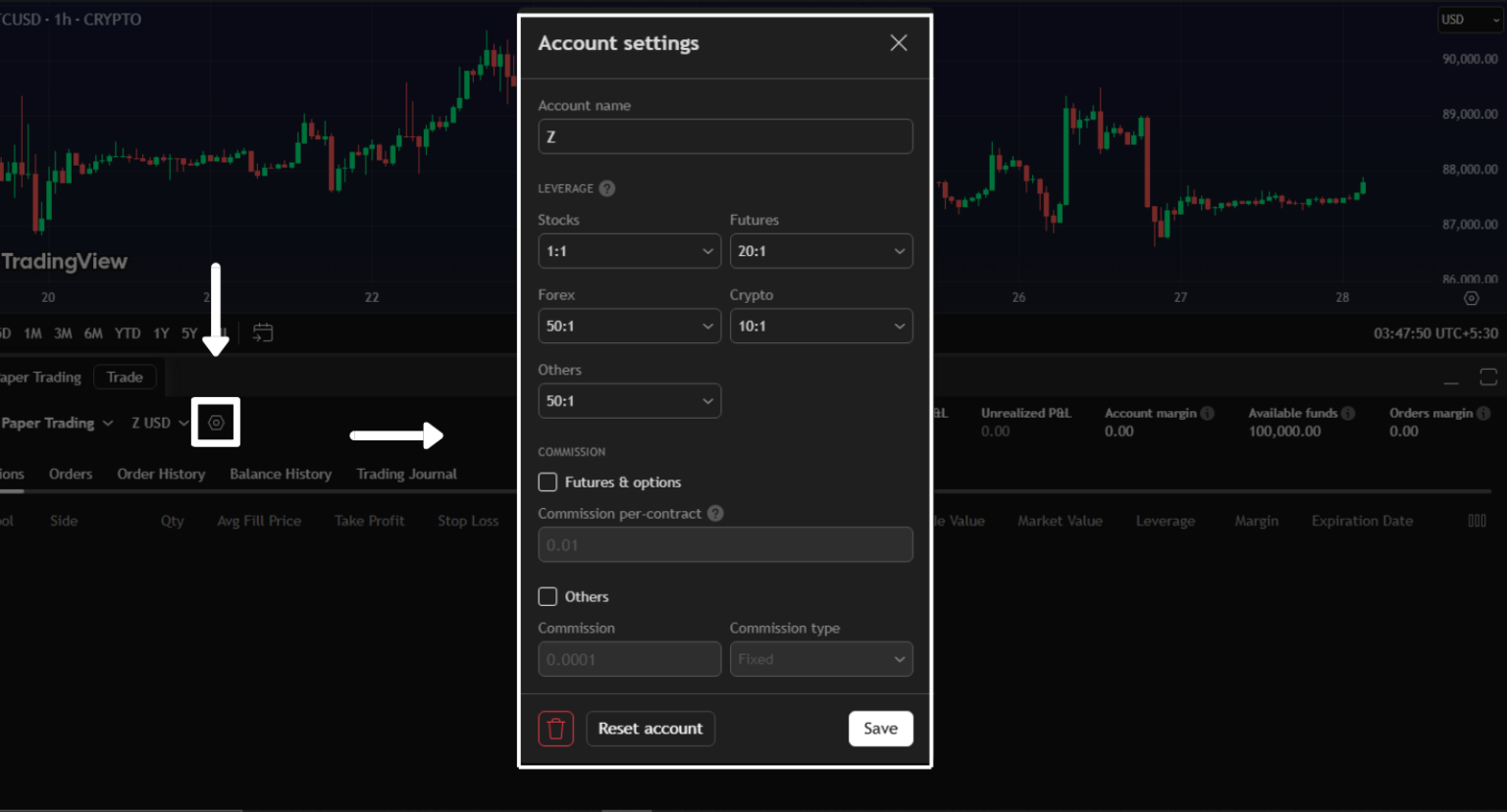 Paper Trading Settings on TradingView